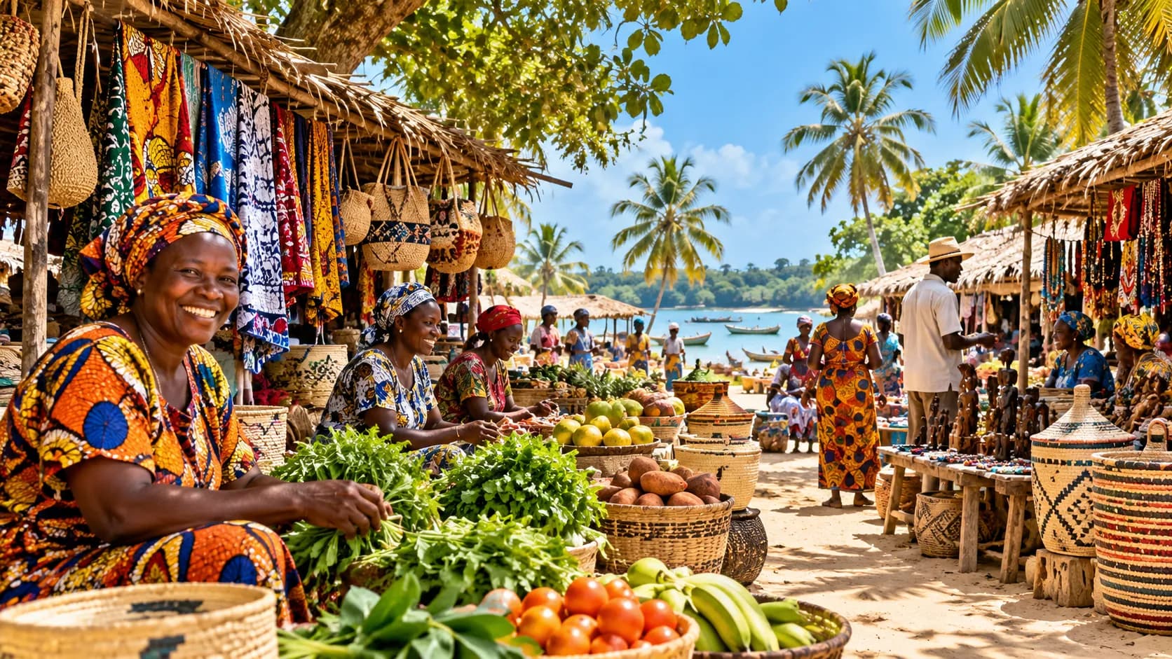 Ilustração: vendedoras sorridentes num mercado junto ao mar, com tecidos e cestos