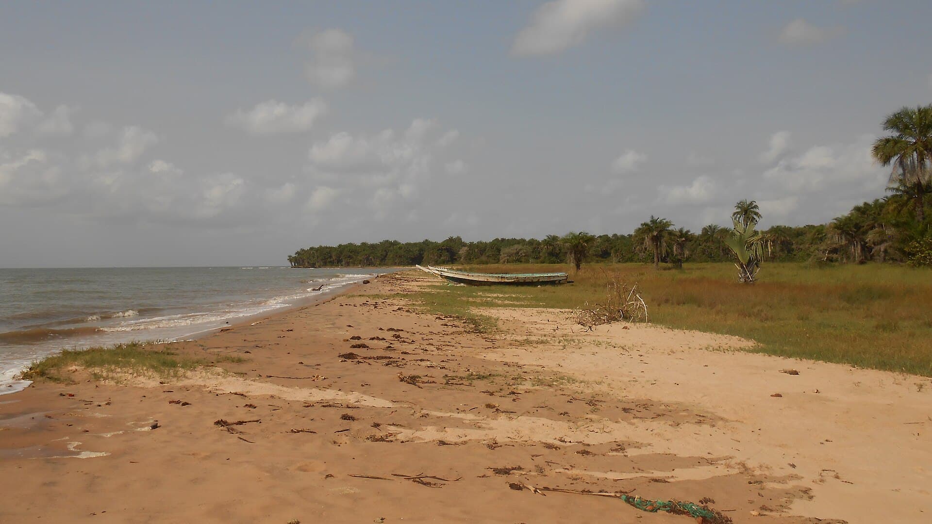 Praia de Varela: areia, uma piroga em terra e palmeiras ao longo da costa